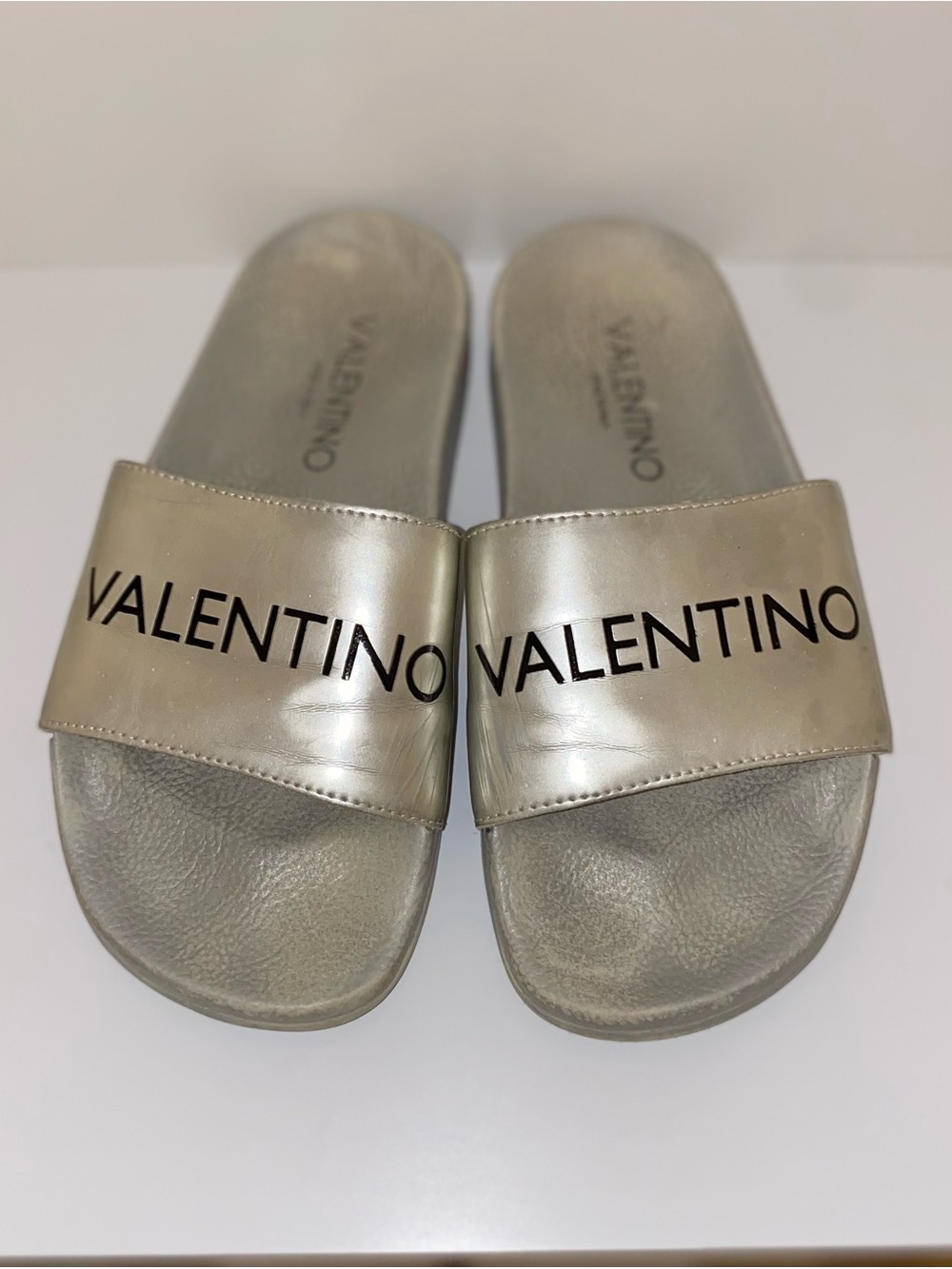 Valentino Metallic Silver Logo Slide Sandals